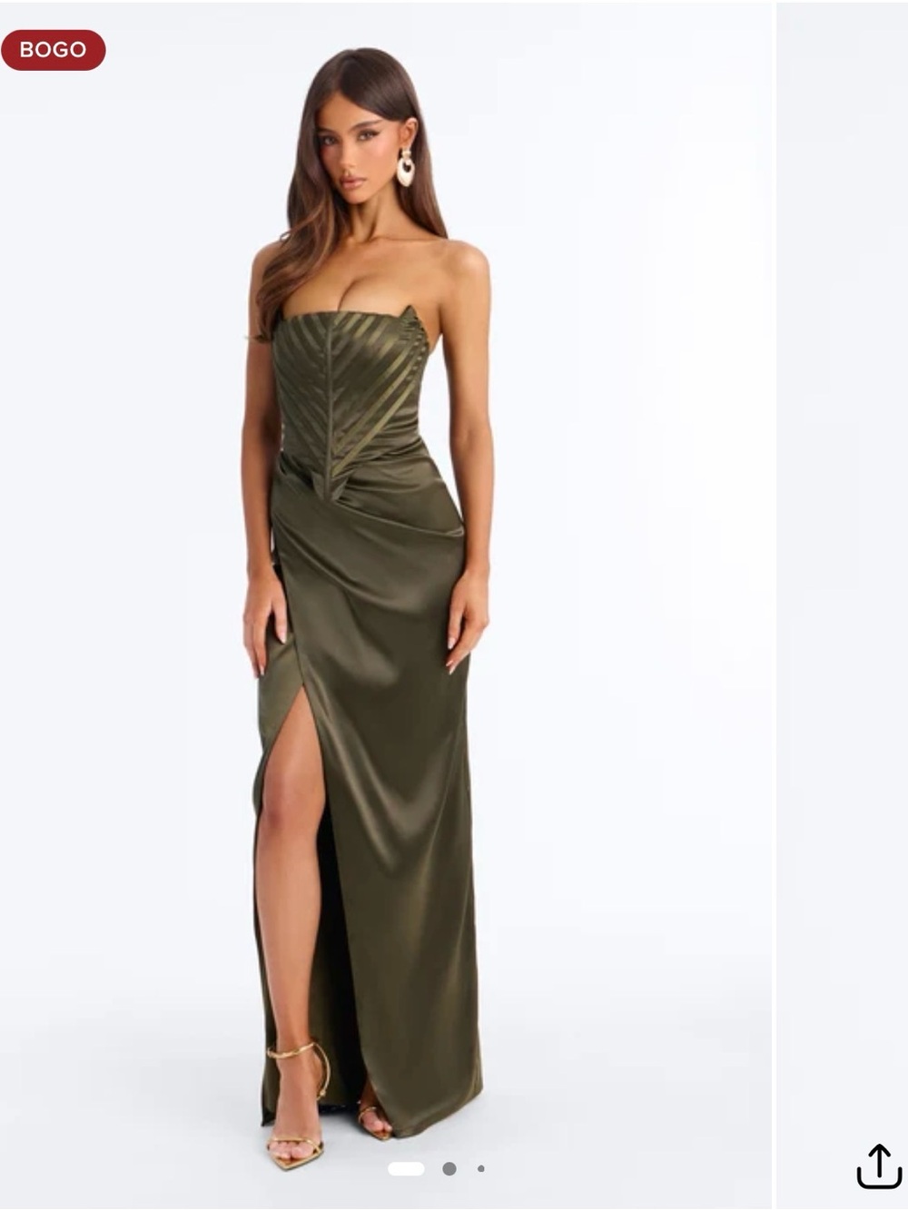 Fashion Nova Olive Green Strapless Satin Maxi Dress with Front Slit
